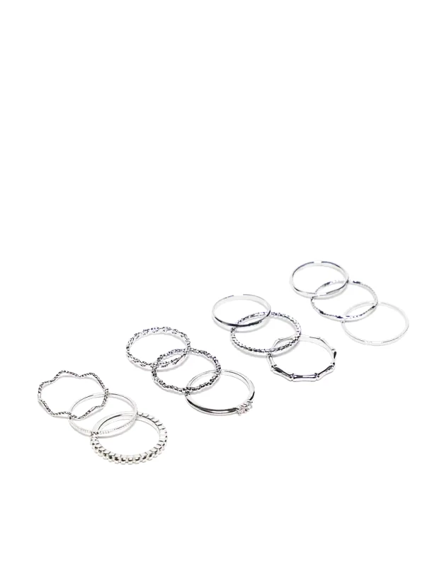 ASOS DESIGN ASOS DESIGN pack of 12 rings with twist details and engraved designs in silver tone
