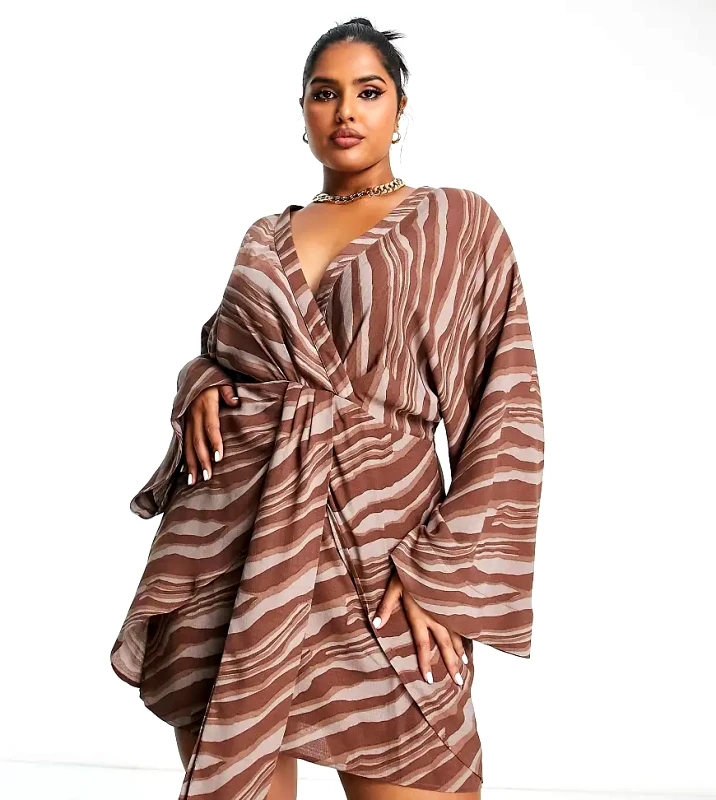 Pretty Lavish Curve Pretty Lavish Curve knot front satin mini dress in brown stripe
