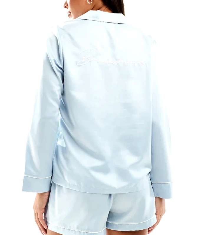 Loungeable Loungeable Bridesmaid satin long sleeve shirt & short set in blue