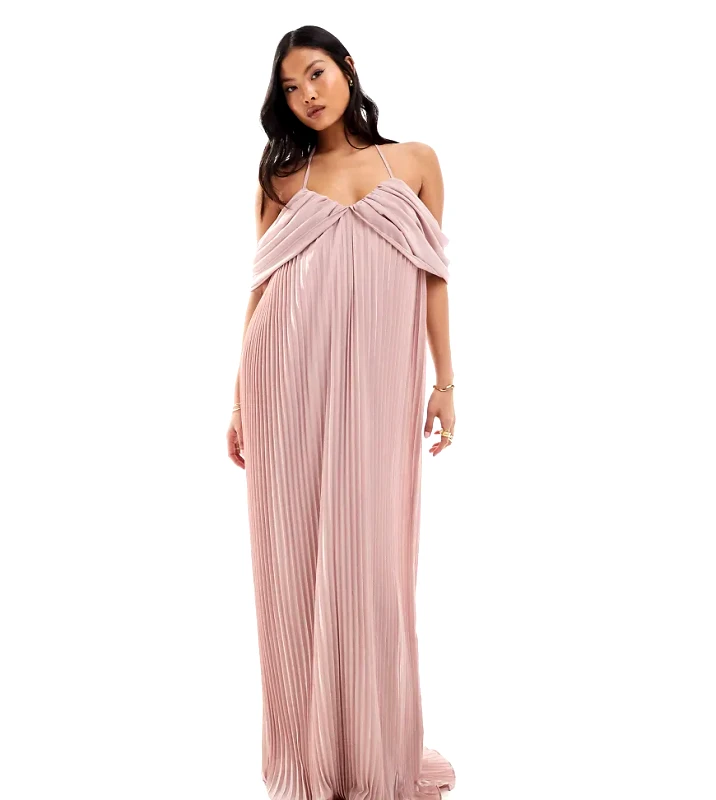 TFNC Petite TFNC Bridesmaids Petite cold shoulder chiffon pleated maxi dress in soft pink
