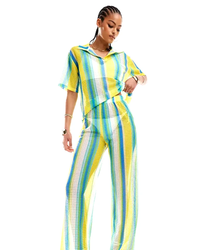 Extro & Vert Tall Extro & Vert Tall striped crochet trouser co-ord in multi stripe