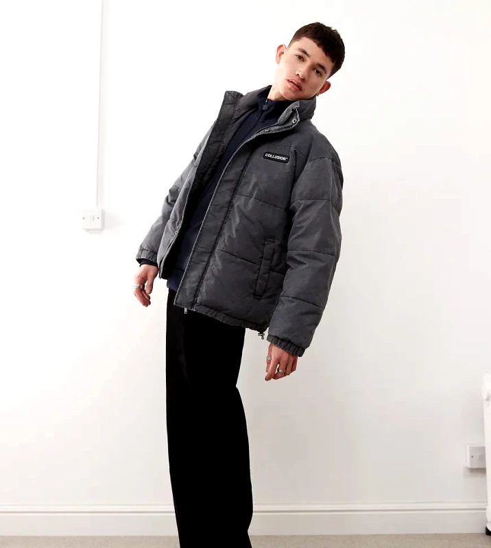 Collusion COLLUSION washed look funnel neck puffer jacket in grey
