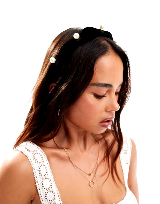True Decadence True Decadence ruched headband with pearl embellishment in black