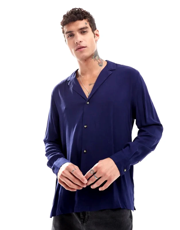 ASOS DESIGN ASOS DESIGN relaxed deep revere viscose shirt in navy