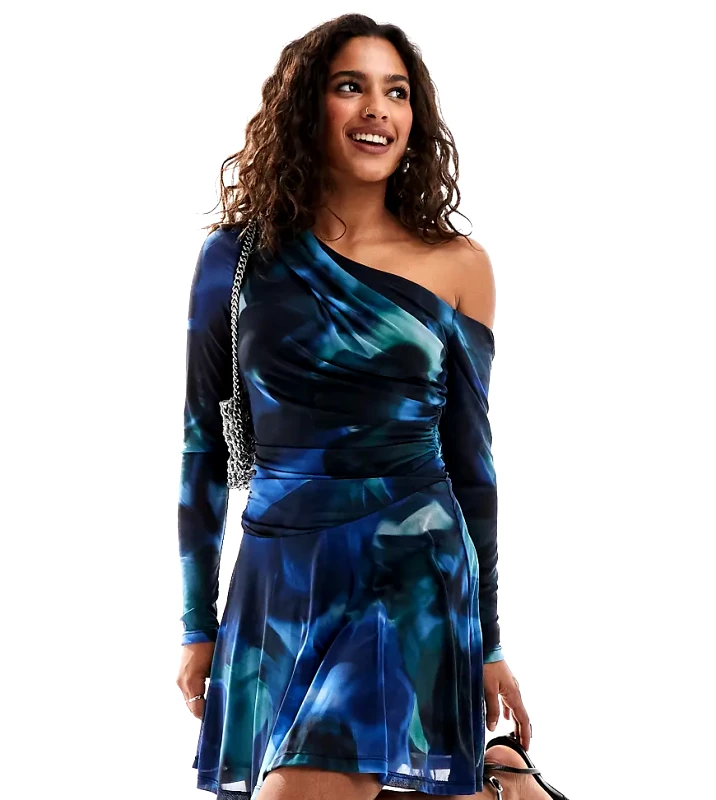 Forever New Petite Forever New Petite fallen shoulder drape mini dress in cobalt rose floral-Red