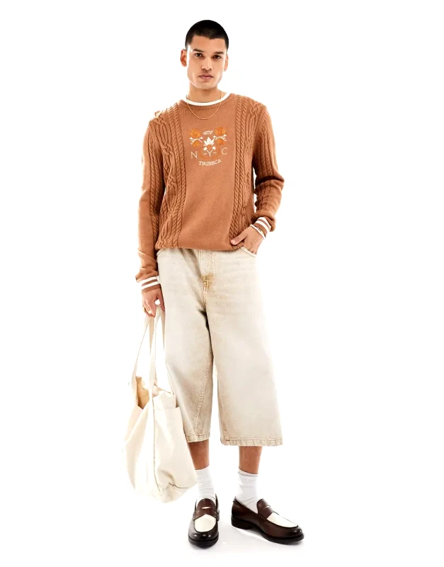 ASOS DESIGN ASOS DESIGN knitted cable jumper in brown with contrast trims and embroidery