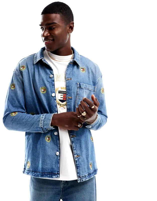 Tommy Jeans Tommy Jeans crest denim overshirt in mid blue