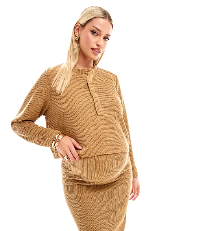 Mama.licious Mamalicious Maternity cropped henley top co-ord in mustard-Yellow