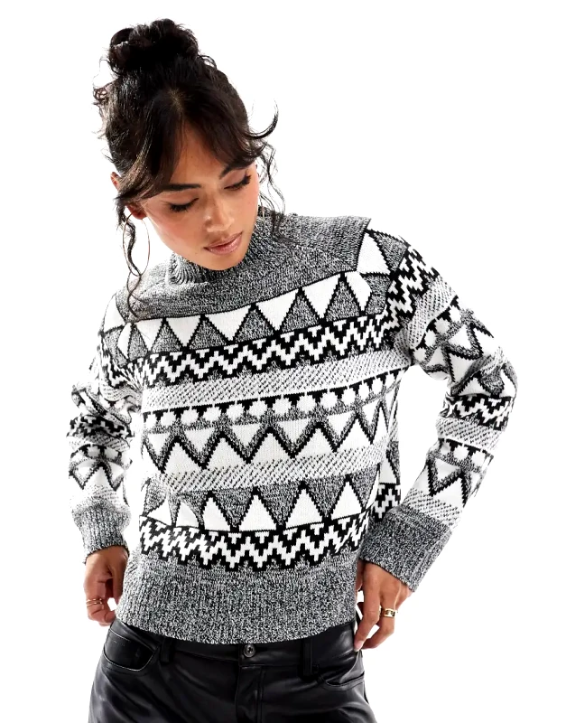 Brave Soul Brave Soul high neck fairisle jumper in black grey and white