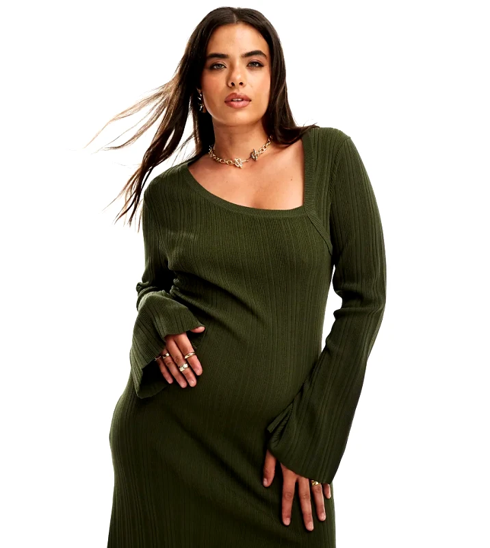 Pretty Lavish Curve Pretty Lavish Curve asymmetric knitted thigh split midi dress in olive-Green