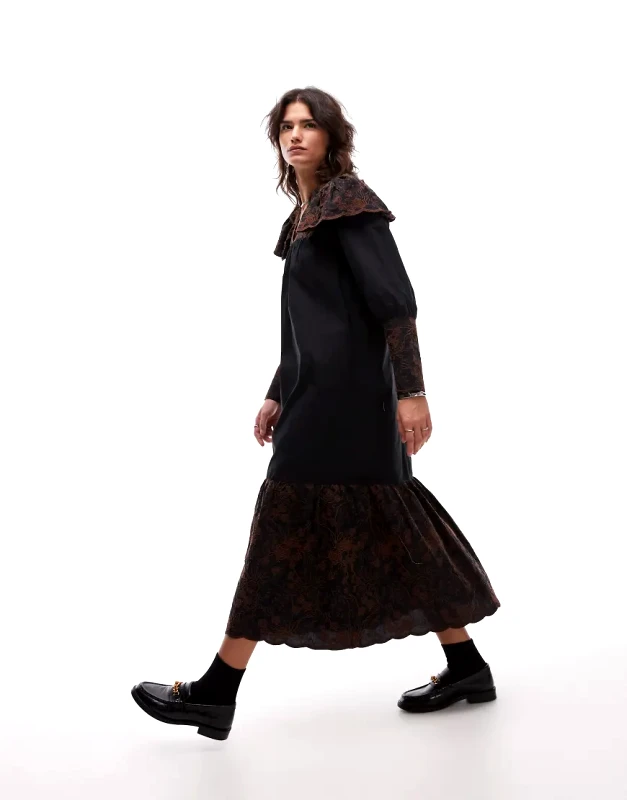 Résumé Resume oversrized collar maxi dress with embroidery in black