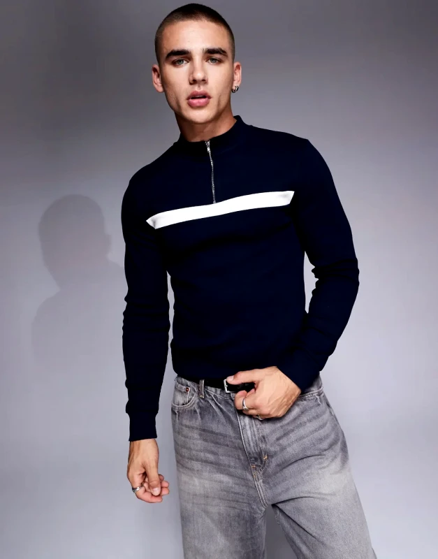 ASOS DESIGN ASOS DESIGN muscle fit long sleeve rib t-shirt with half zip in navy