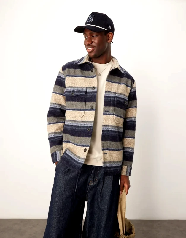 Selected Homme Selected Homme Overshirt Shacket in cream navy stripe with pockets-Multi