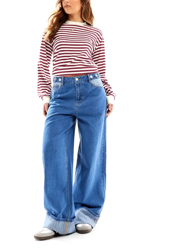 Object Object extreme wide leg jeans with contrast turn ups in medium blue denim