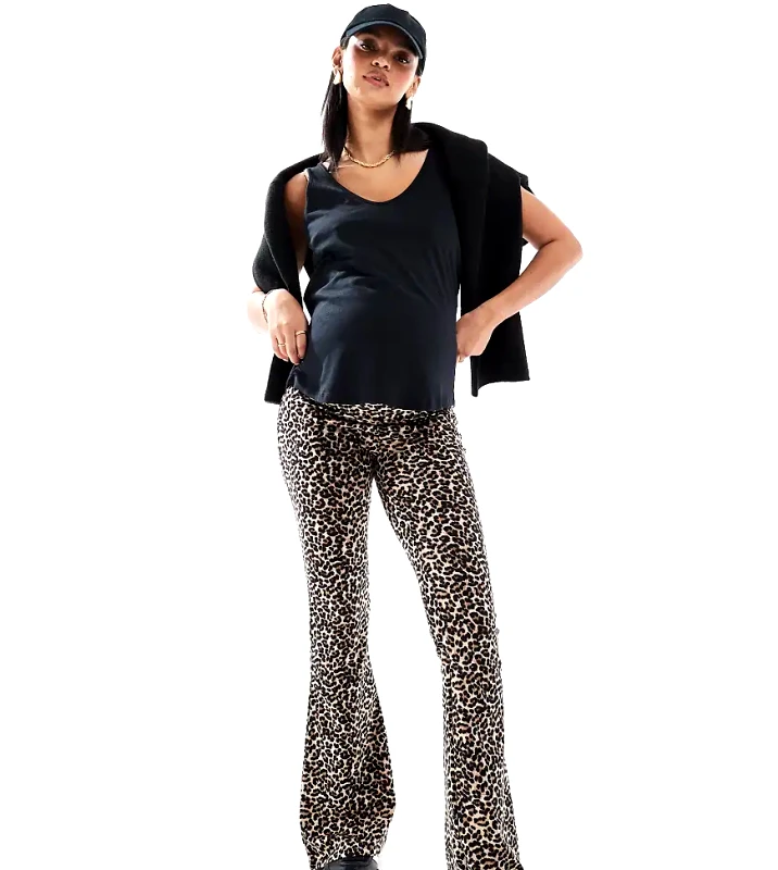 Only Maternity ONLY Maternity flared trousers in leopard print-Brown