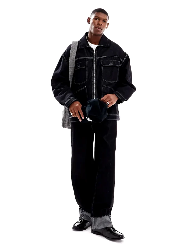 Bershka Bershka baggy carpenter co-ord jean with fold over hem in black