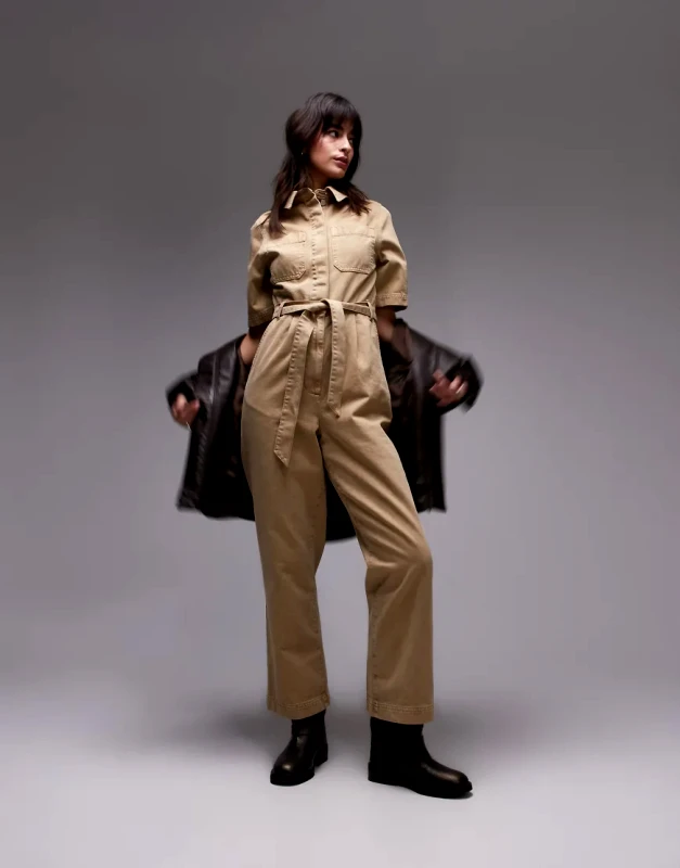 Topshop Topshop short sleeve jumpsuit in stone-Neutral