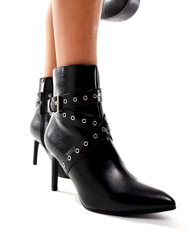 New Look New Look studded strap heeled ankle boot in black