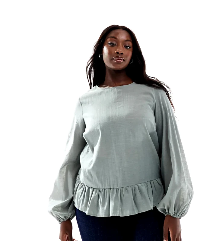ASOS Curve ASOS DESIGN Curve long sleeve peplum hem top in green