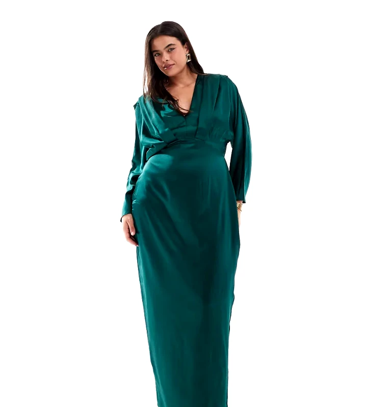 TFNC Plus TFNC Plus satin kimono top maxi dress in emerald green