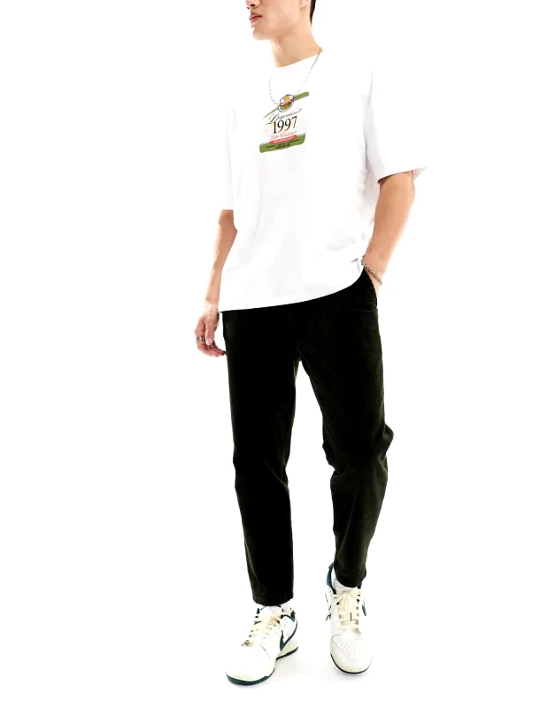 ONLY & SONS ONLY & SONS elasticated waist tapered cropped cord trousers in dark green