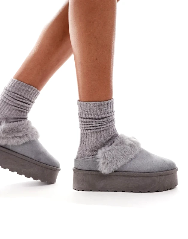 SEQWL SEQWL faux fur flatform mules in grey