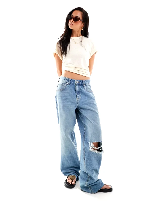 ASOS DESIGN ASOS DESIGN baggy jeans with rips in mid blue