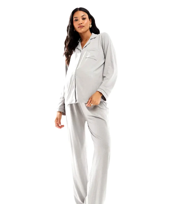 Loungeable Loungeable Maternity super soft jersey revere top and wide leg pyjama set with piping detail in grey marl