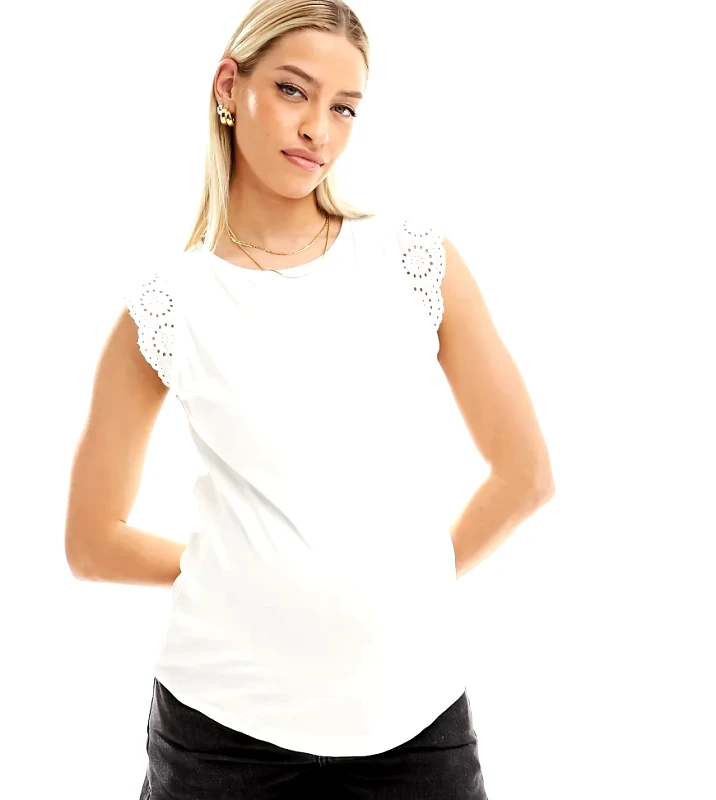 Vero Moda Maternity Vero Moda Maternity t-shirt with broderie sleeve detail in white