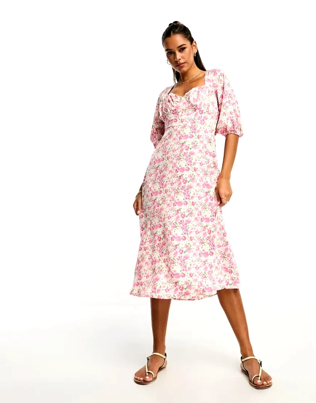 Lola May Lola May tie back puff sleeve midi smock dress in pink floral print
