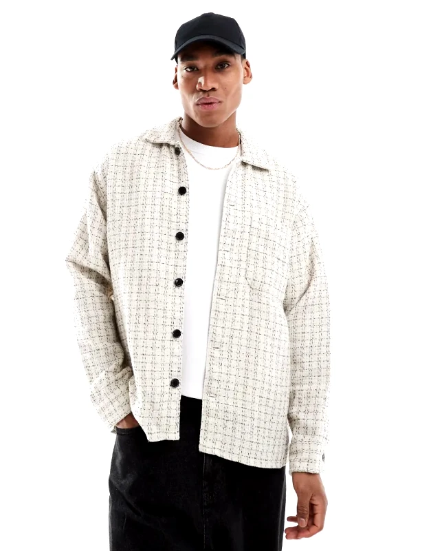 Jack & Jones Jack & Jones textured overshirt in cream check-White