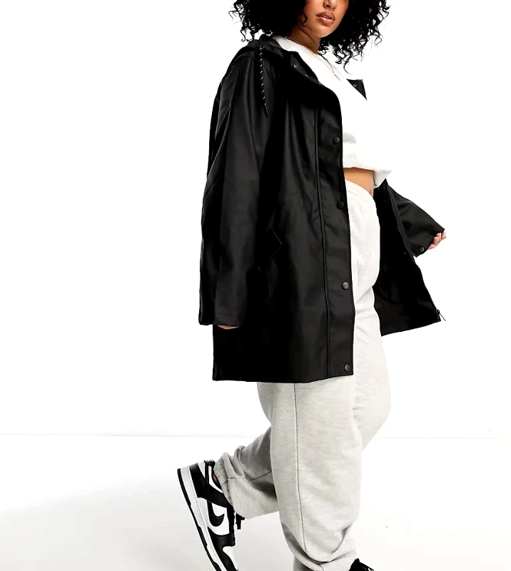 Vero Moda Curve Vero Moda Curve rubberised hooded raincoat in black