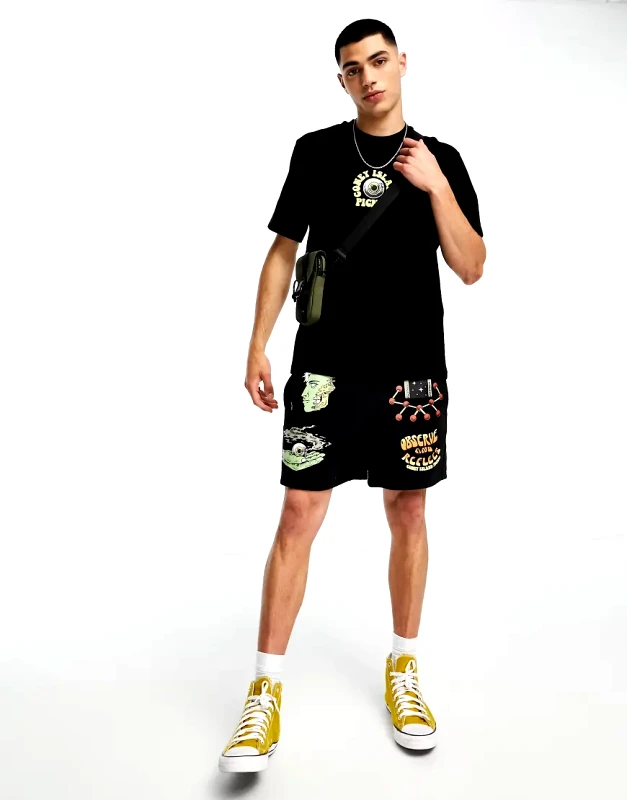 Coney Island Picnic Coney Island Picnic co-ord jersey shorts in black with observe and reflect print