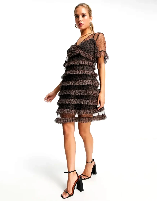 Never Fully Dressed Never Fully Dressed short sleeve tiered mesh mini dress in leopard