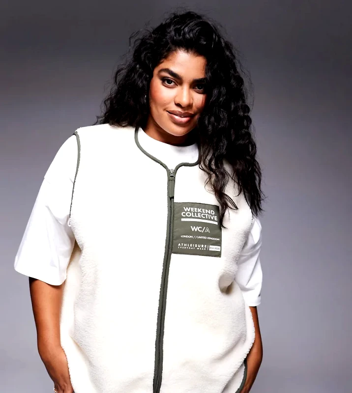 ASOS Curve Weekend Collective Curve nylon pocket borg gilet in cream & khaki-Multi