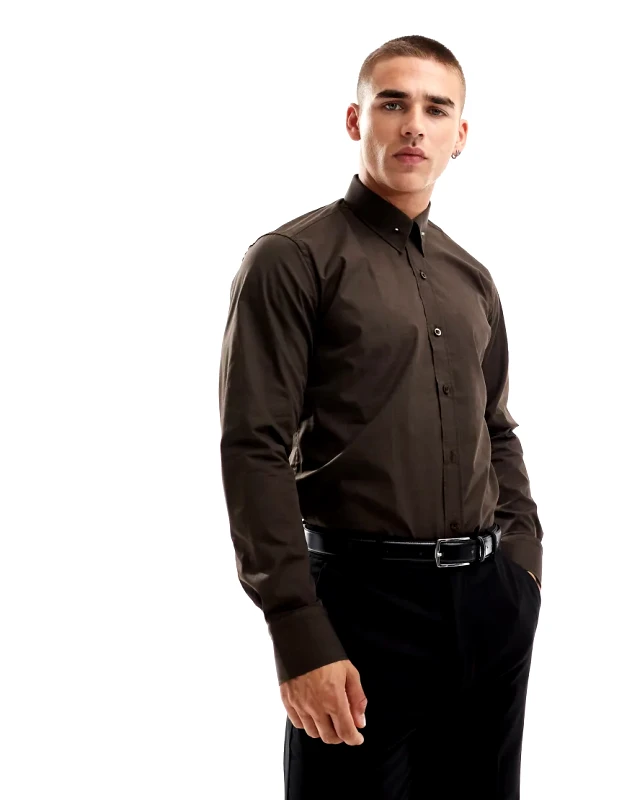 Shelby & Sons Shelby and Sons roslin smart shirt in chocolate with collar bar detail-Brown
