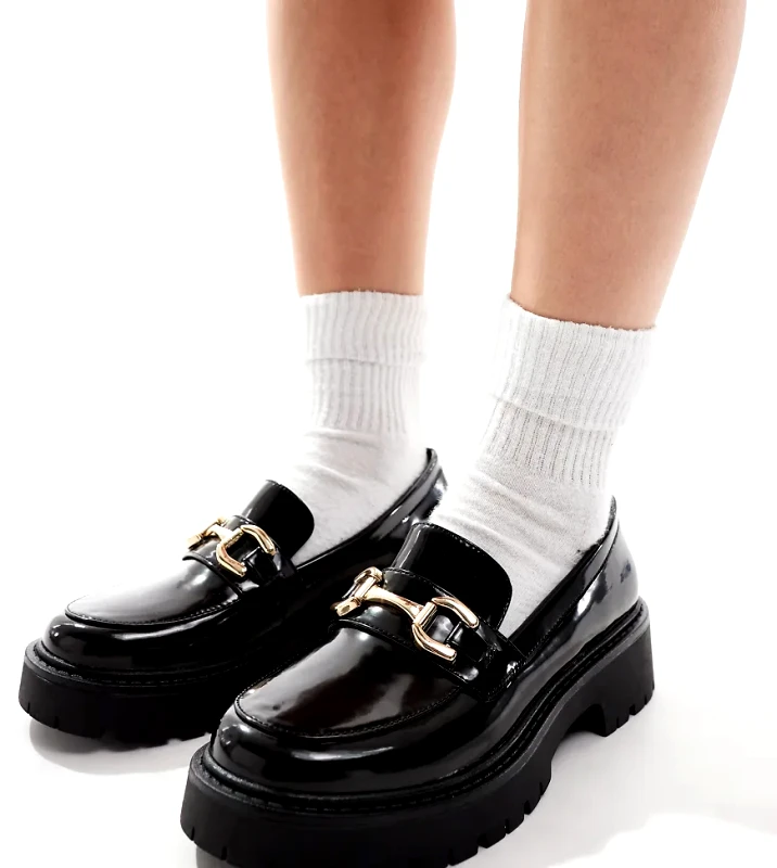 London Rebel Wide Fit London Rebel Perdy wide fit metal trim chunky loafers in black
