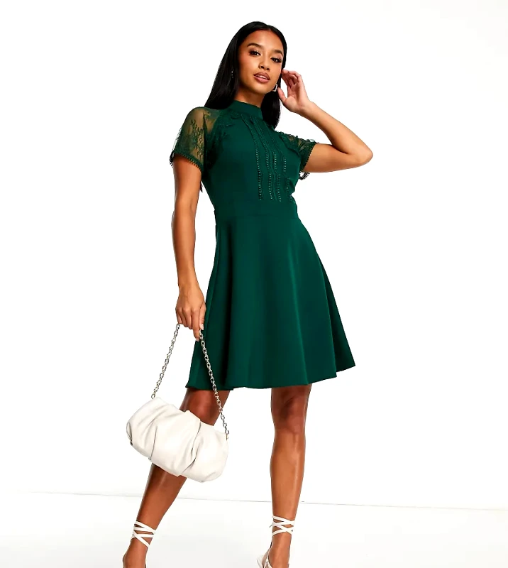 Liquorish Petite Liquorish Petite a line lace detail mini dress in emerald-Green
