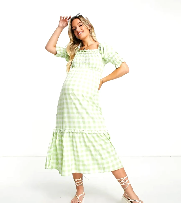 Violet Romance Maternity Violet Romance Maternity shirred bust midi dress in green gingham