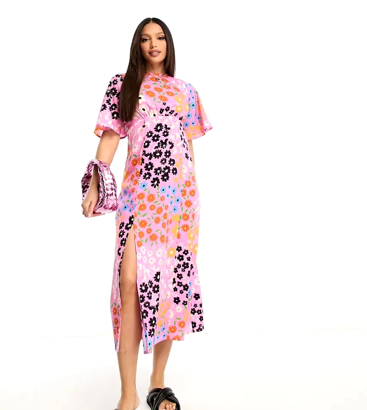 Influence Tall Influence Tall flutter sleeve midi tea dress in pink floral print