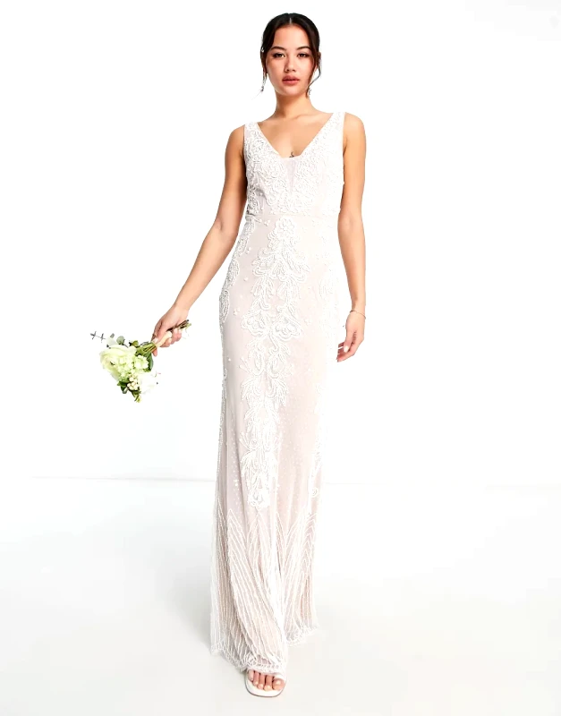 Frock and Frill Frock and Frill Bridal premium embellished v neck maxi dress in ivory-White