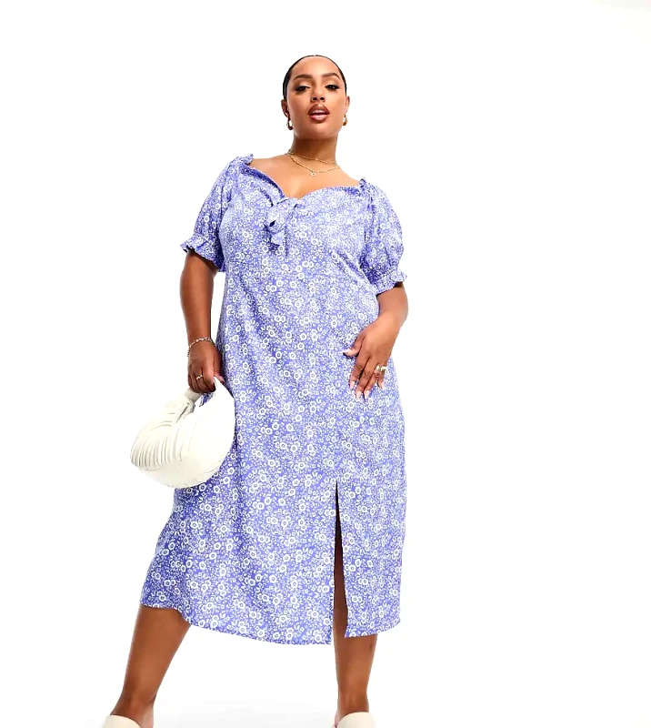Influence Plus Influence Plus tie front midi dress in blue floral print