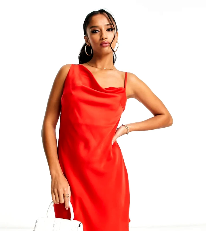 LOLA MAY PETITE Lola May Petite satin ruched asymmetric shoulder mini dress in red