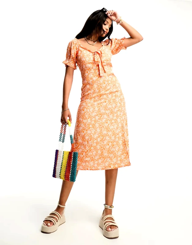Influence Influence tie front midi dress in orange floral print