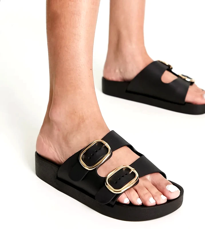 London Rebel Leather Wide Fit London Rebel Wide Fit double buckle footbed sandals in black