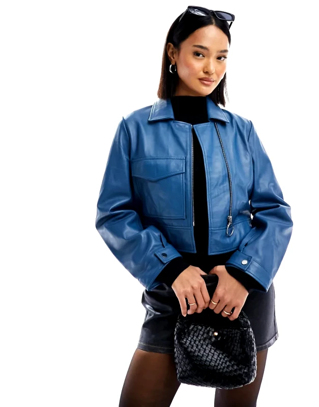 Muubaa Muubaa minimal boxy fit leather jacket in inky blue