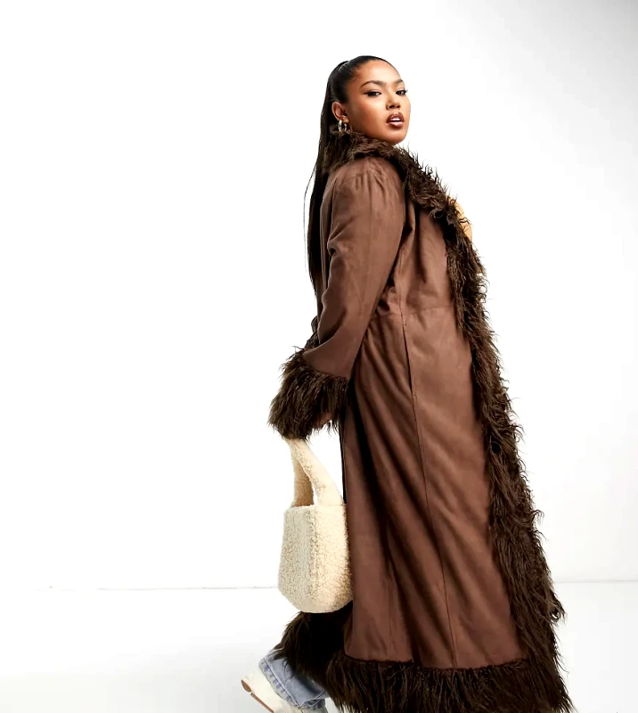 Urbancode Curve Urban Code Plus longline faux shaggy fur jacket in chocolate brown