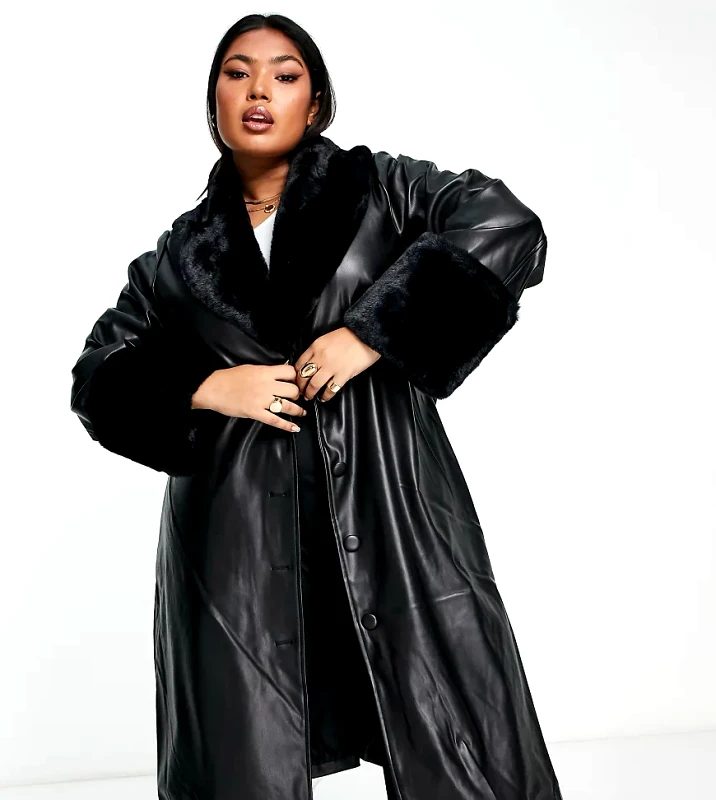 QED London Plus QED London Plus faux leather longline coat with faux fur collar and cuffs in black