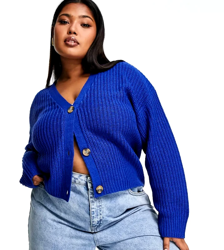 Brave Soul Brave Soul Plus daisy fisherman knit cardigan in electric blue