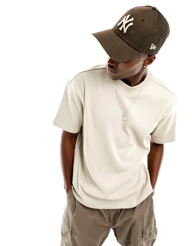 Another Influence Another Influence boxy ribbed t-shirt in stone-Neutral